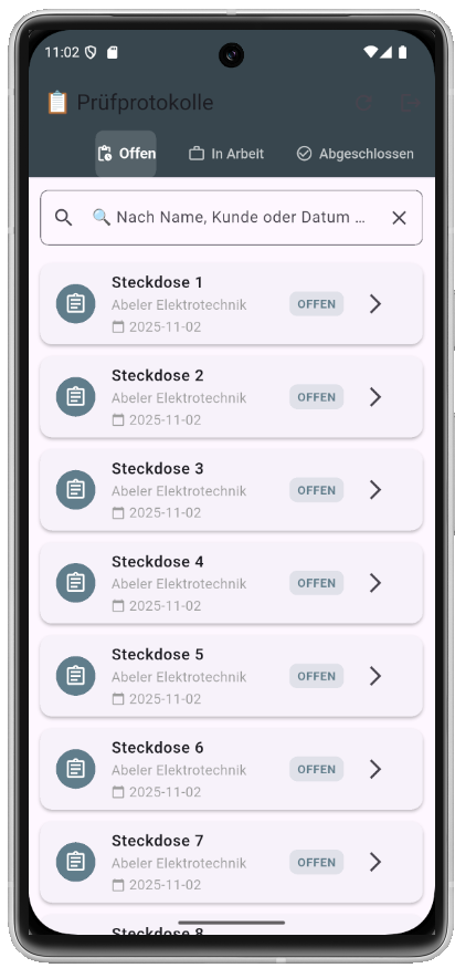 Prüfprotokoll App Vorschau